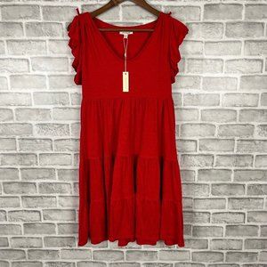 Max Studio NWT Women Small Bright Red Tie Flutter Short Sleeve Casual Midi Dress